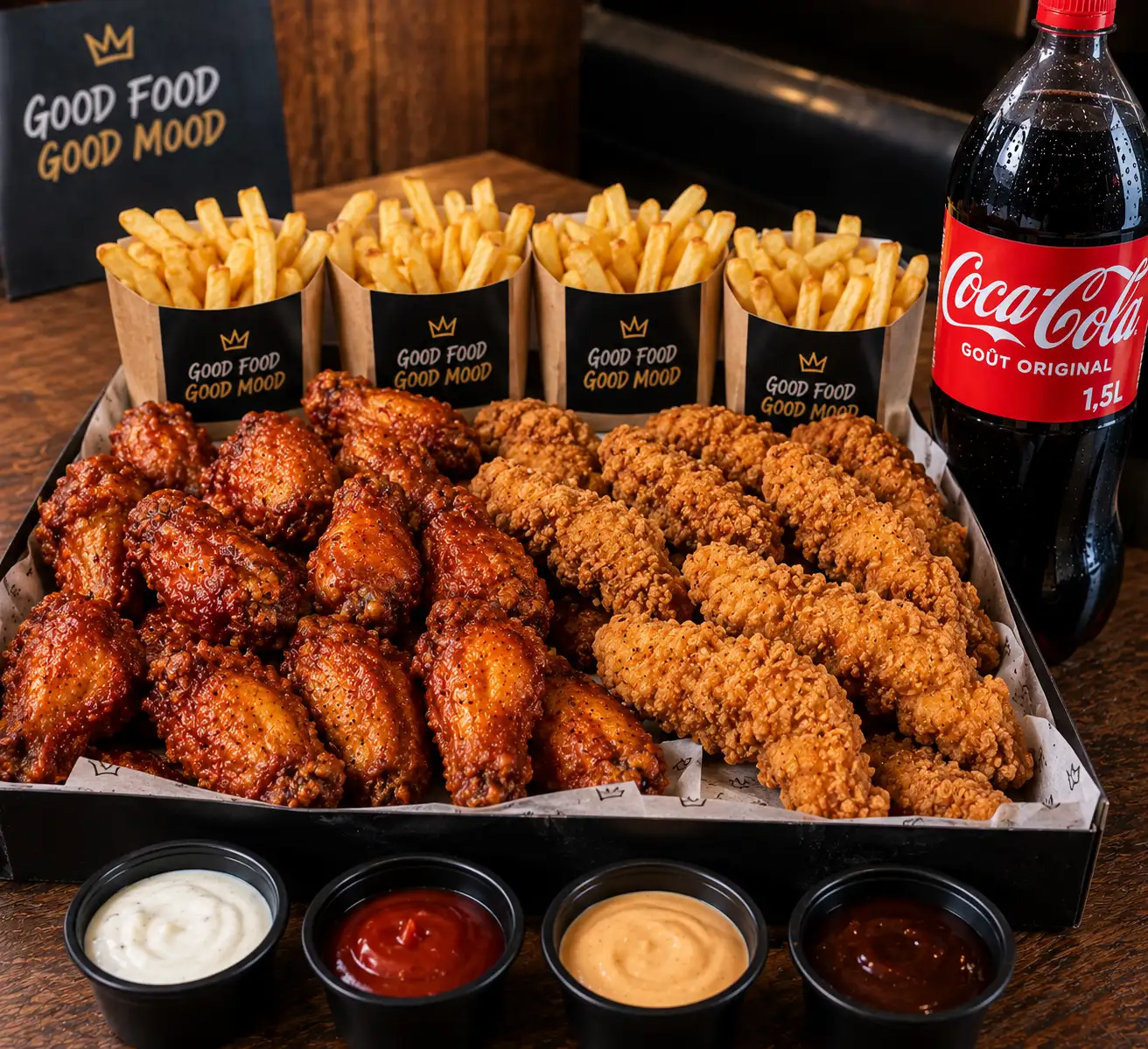16 Wings + 8 Tenders + 4 Frites + 1,5 L  de Coca